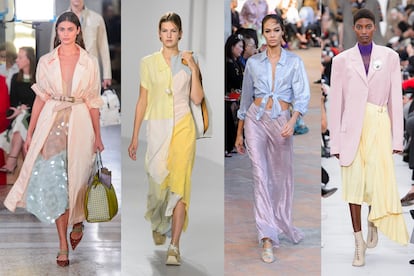 Los tonos pastel.

Se combinan en estilismos fluidos y en diferentes materiales.

Así lo hace la pasarela: Look de Bottega Veneta. Vestido de patchwork de Loewe. Look de Alberta Ferretti. Look de Céline.