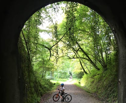 Un niño pasea en bici por la senda verde del valle de Leizarán, entre Gipuzkoa y Navarra.