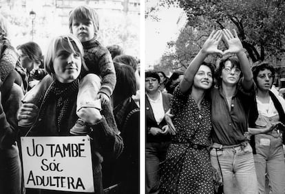 A la izquierda, manifestacin de apoyo a una mujer condenada por adulterio en Barcelona, en 1976. A la derecha, manifestacin feminista en la Rambla de Catalu?a, en Barcelona, en 1977. 