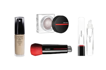 Para un rostro glow. 1. Fondo de maquillaje inteligente Synchro Skin Glow Luminizing Fluid Foundation. 2. Brocha Daiya Fude Face Duo. 3. Iluminador Aura Dew. 4. Brillo de labios Crystal GelGloss. Todo, de Shiseido.