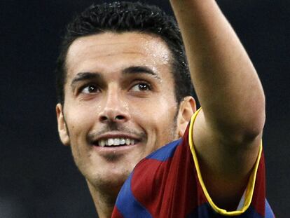 Pedrito celebra un gol con el Barcelona en la Liga de Campeones.