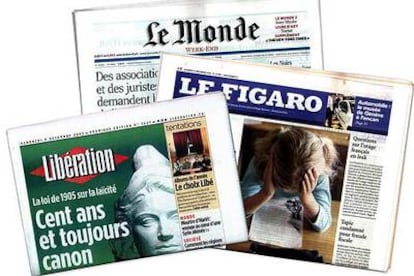 Portadas de los diarios franceses <i>Le Monde,</i> <i>Le Figaro</i> y <i>Libération.</i>