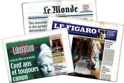 Portadas de los diarios franceses <i>Le Monde,</i> <i>Le Figaro</i> y <i>Libération.</i>