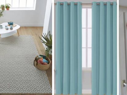 De izquierda a derecha, una alfombra de tuft de lana, unas cortinas térmicas aislantes frío-calor y una cortina aislante con cierre magnético para puertas.