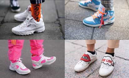 De arriba a abajo, de izquierda a derecha: Zapatillas Fila, Air Jordan I reinterpretada por el diseñador Virgil Abloh, deportivas de Chanel y modelo Ace, de Gucci.