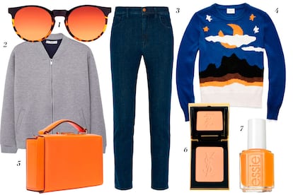 1. Miss Hamptons para Privalia Gafas de sol 2. Mango Chaqueta bomber gris 3. Madewell Pantalón vaquero 4. Coach Jersey estampado 5. Mark Cross Bolso rígido tipo caja 6. Yves Saint Laurent Base de maquillaje 7. Essie Laca de uñas.