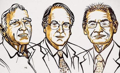 Los galardonados con el Premio Nobel de Química, dede la izquierda, John B. Goodenough, M. Stanley Whittingham y Akira Yoshino.