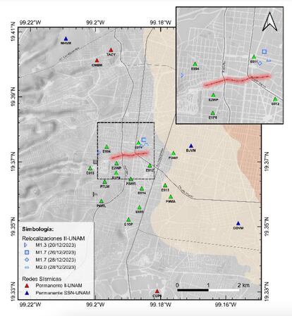 Estaciones permanentes y temporales,
falla mapeada, epicentros del SSN en gris y relocalizaciones obtenidas en este estudio en azul.