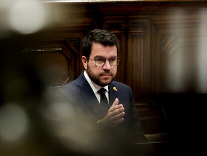 El presidente de la Generalitat, Pere Aragonès, durante su intervención inicial en el debate de política general en el Parlament, este martes.