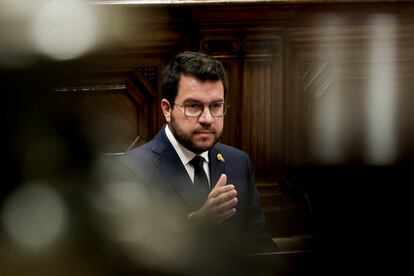 El presidente de la Generalitat, Pere Aragonès, durante su intervención inicial en el debate de política general en el Parlament, este martes.