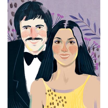 Cher tenía 16 años, once menos que Sonny Bono, cuando se conocieron en una cafetería. Estuvieron juntos hasta 1974 (Ilustración: Marisa Morea).