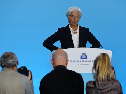 Christine Lagarde, tras el anuncio este jueves en Fráncfort.