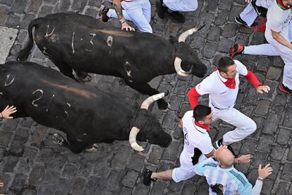 Dos corredores, junto a los astados de la ganadería Fuente Ymbro, en el cuarto encierro.