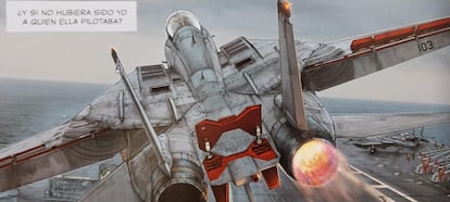 El Tomcat del álbum de Romain Hugault en una de las viñetas que reproducen el aterrizaje en el que se mató la aviadora Kara Hultgreen.