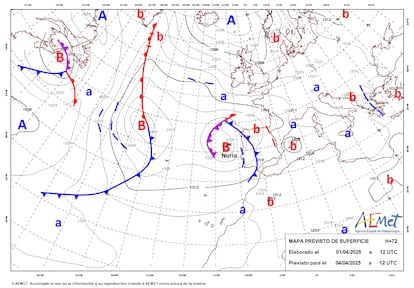 Mapa de isobaras facilitado por la Aemet previsto para el jueves, cuando llegará la borrasca 'Nuria'.