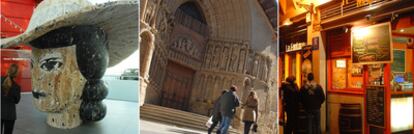 De izquierda a derecha, tres imágenes de Logroño: la escultura <i>Lillie</i> (2006), obra de Manolo Valdés, en el Museo Würth; fachada de la iglesia de San Bartolomé, y bares en la calle del Laurel.