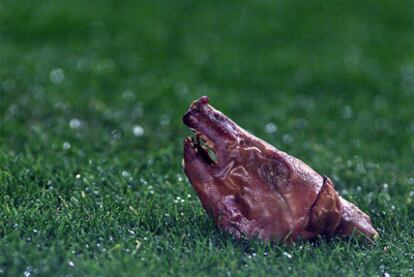 El cochinillo lanzado al Camp Nou, el día del regreso de Figo con la camiseta del Madrid.