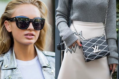 La top internacional Romee Strijd combina una biker metelizada con una camiseta básica y unas gafas de sol oversize en un estilismo sencillo y muy urbano. A la derecha, un ejemplo de como un sweater metalizado y una falda en forma de 'A' son el duo perfecto para un look de oficina.