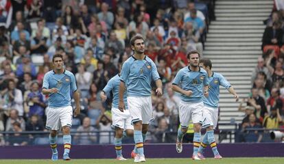 Los jugadores de la selección española depués de encajar el gol de Japón.