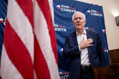 U.S. Senator John Cornyn (R-TX) recites the pledge of allegiance during a campaign event for re-election in Schertz, Texas, U.S. March 2, 2026