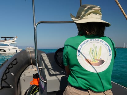 Una de las vigilantes del servicio de posidonia del Instituto Balear de la Naturaleza en el parque natural de Es Trenc (Mallorca) en 2021.