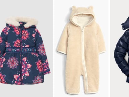 De izquierda a derecha, abrigo para niña de Desigual, buzo para bebés de GAP y plumas para niños de Ralph Lauren.