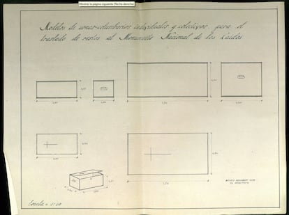 Dibujo con instrucciones hechas por el Gobierno en noviembre de 1958 sobre los tamaños de las urnas individuales y colectivas en las que trasladar los cuerpos a la cripta. 