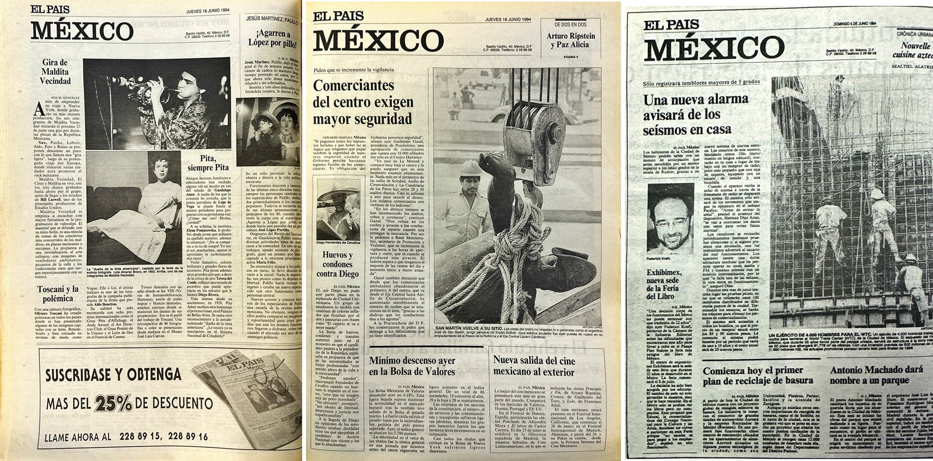 Páginas de los primeros números de la edición impresa de El País México, en 1994.