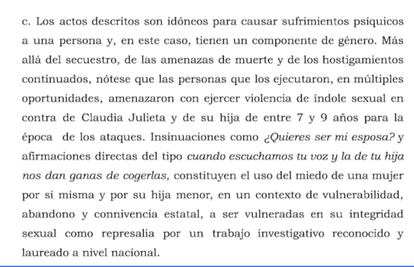 Fragmento del fallo a favor de Claudia Julieta Duque, del pasado 20 de noviembre.