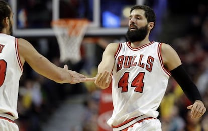 Mirotic celebra una canasta con Noah.