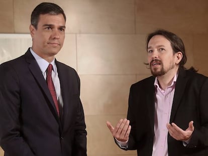 El presidente del Gobierno en funciones, Pedro Sánchez, junto al líder de Unidas Podemos, Pablo Iglesias, el pasado 9 de julio. 