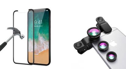 Estos son dos de los productos destacados de nuestra selección: a la derecha, el protector de pantalla Bovon y, a la izquierda, las lentes VicTsing.