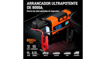 Arrancador de coche portátil sobre fondo blanco.