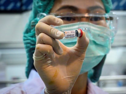 Una investigadora de la Universidad de Chulalongkorn (Tailandia) sostiene una prueba de vacuna del coronavirus que se va a probar con monos.