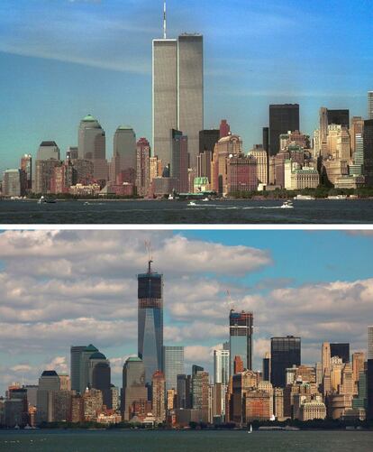 Combinación de imágenes con el perfil que ofrecía la ciudad antes de los atentados y el estado actual del progreso de la edificación en el World Trade Center.