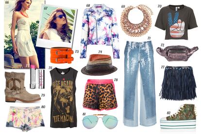 66 y 67. Stradivarius. 68. Sensioe Perfecto con efecto tie dye. 69. Chanel Collar de cadena y tweed multicolor. 70. Topshop Camiseta con mano haciendo el símbolo de la victoria. 71. Jean Paul Gaultier Jeans de pata ancha con paillettes. 72. Tess Van Ghert Riñonera de piel. 73. Mm6 By Maison Martin Margiela Brazalete de piel flúor con dos trebillas. 74. Anita Hopkins Borsalino de rafia. 75. Stila Barra de labios “Color balm”. 76. Pull & Bear Camiseta estampada sin mangas. 77. Philipp Plein Mini de flecos de piel con cadena y pedrería en la cintura. 78. Marco Bologna Shorts en rosa y print de leopardo. 79. Sendra Biker boot con símbolo de la paz. 80. Bershka Shorts vaqueros con manchas de pintura flúor. 81. Mango Gafas de sol con montura de metal. 82. Topshop Sneakers con plataforma, print de camuflaje y pinchos.
	 