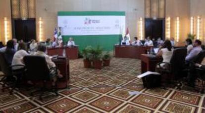 Aspecto de la IX Reunión de Ministros de la Alianza del Pacifico, realizada este lunes 26 de agosto de 2013, en el puerto mexicano de Playa del Carmen, donde anunciaron el cierre exitoso "de las negociaciones económicas" y "comerciales" entre sus cuatro socios, Colombia, Chile, México y Perú, que crearán así un mercado común latinoamericano de unas 210 millones de personas.
