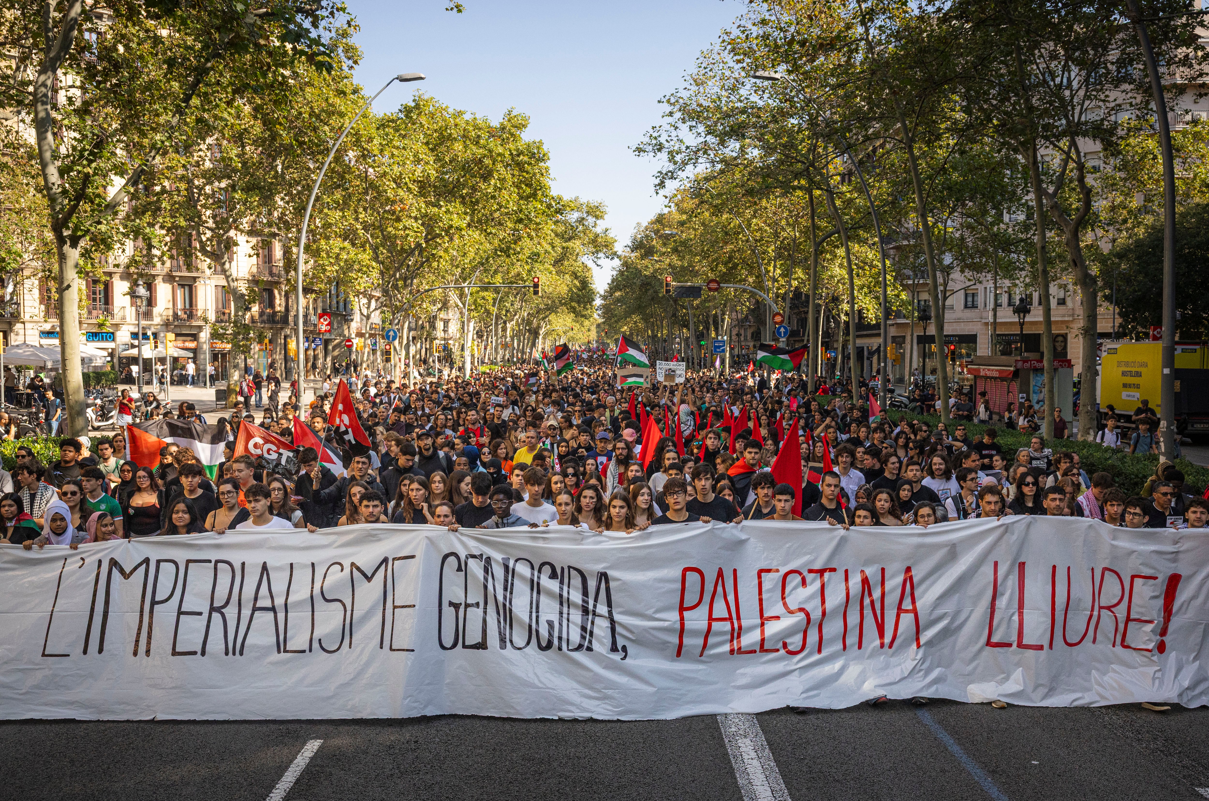 Manifestación en Barcelona en favor de Palestina, este miércoles, en motivo de la huelga convocada por varios sindicatos.
