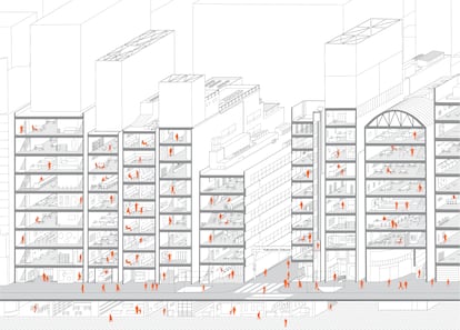 Edificios 'zakkyo' en la avenida Yasukuni del distrito Shinjuku de Tokio, una de las ilustraciones explicativas del libro 'Emergent Tokyo. Designing the Spontaneous City'.