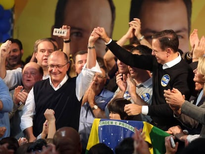 Geraldo Alckmin comemora a vit&oacute;ria do afilhado pol&iacute;tico Jo&atilde;o Doria.