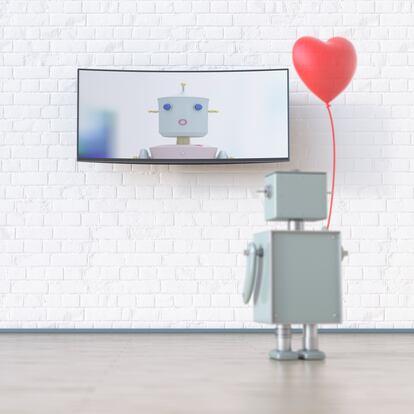 Dos robots tienen una conversación romántica por videoconferencia. 