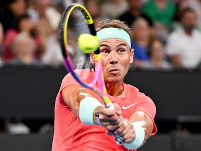 Spain's Rafael Nadal hits a return against Austria's Dominic Thiem at the Brisbane International tennis tournament in Brisbane on January 2, 2024.