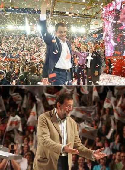 Zapatero (arriba) y Rajoy (abajo), en los mítines de final de campaña del PSOE y del PP.