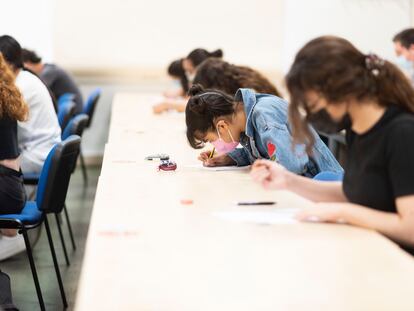 Varios alumnos se examinan de Selectividad en el campus de la Merced de la Universidad de Murcia, este martes.