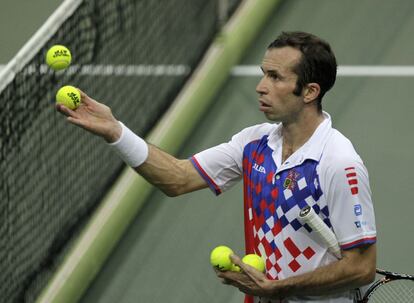 Stepanek elige pelota para uno de sus servicios