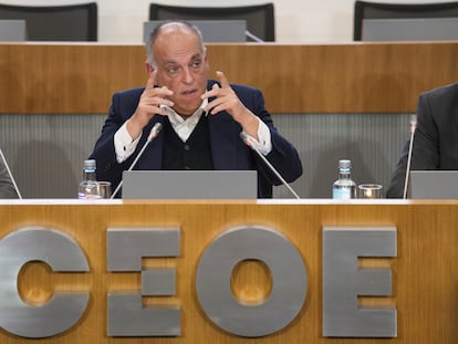 Javier Tebas, presidente de LaLiga, este viernes en la sede de CEOE, en Madrid.