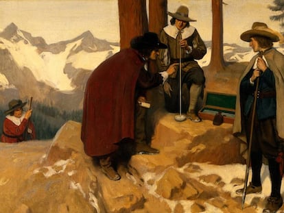 Óleo de Ernest Board: experimento de Torricelli en los Alpes, 1643.
 