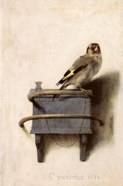 Jilguero atado, obra de Carel Fabritius del siglo XVII.