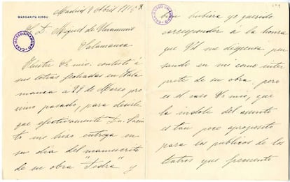 Carta de Margarita Xirgu a Miguel de Unamuno en 1915.