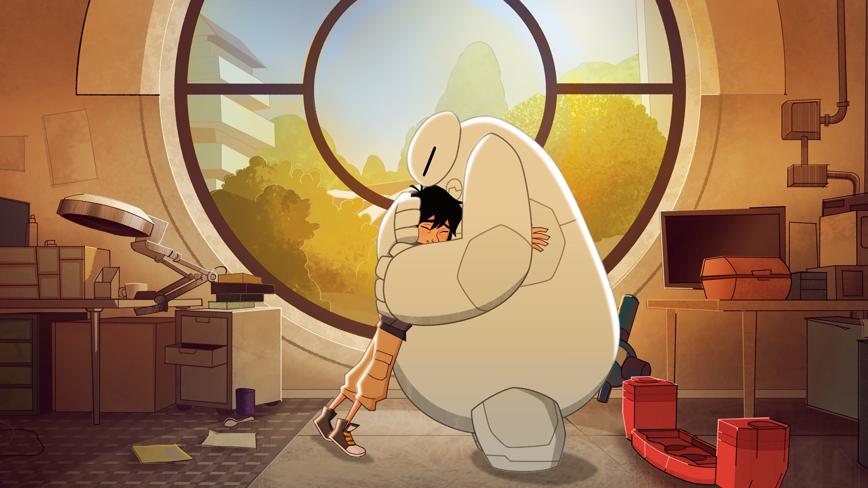 El robot 'Baymax' abraza a Hiro Hamada en la película 'Big Hero 6'.